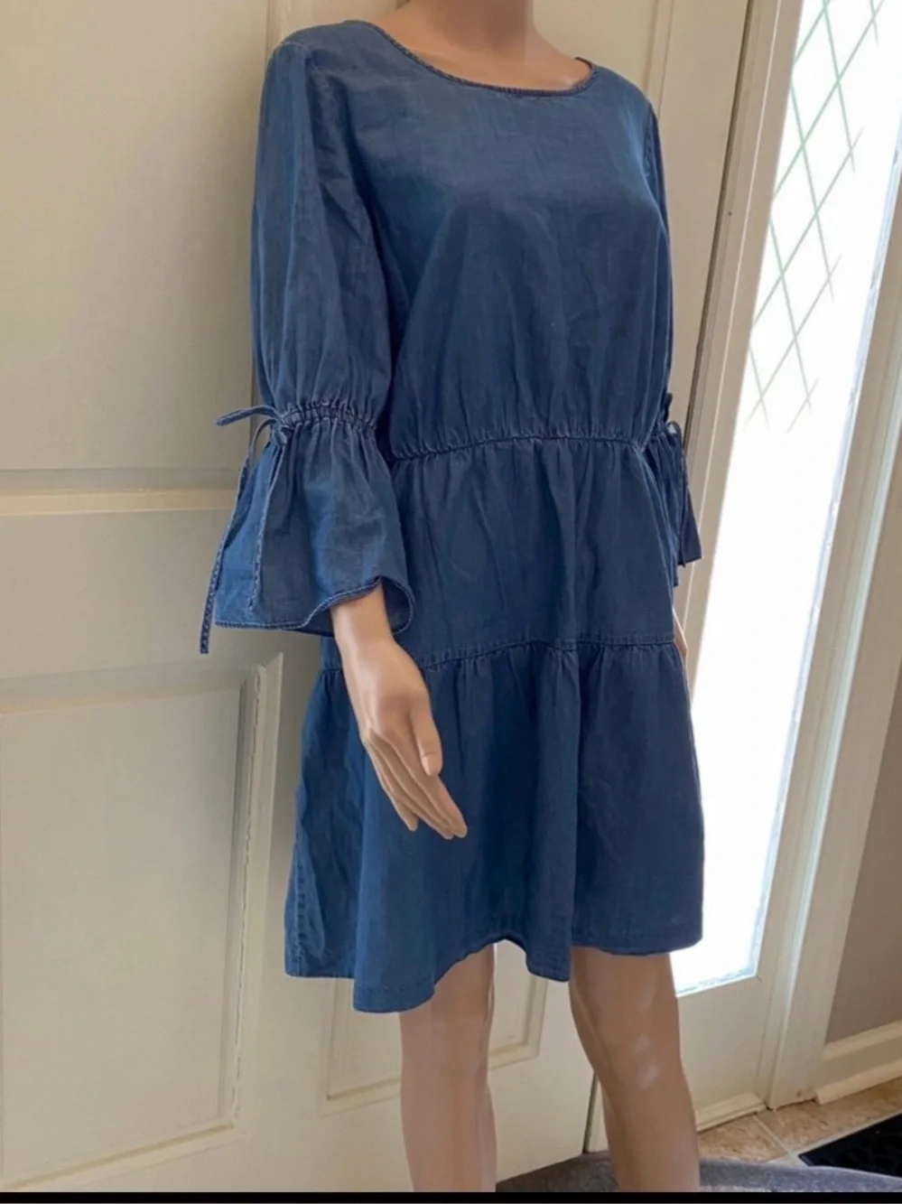 J Crew Blue Tiered Casual Dress with Tie-Sleeves